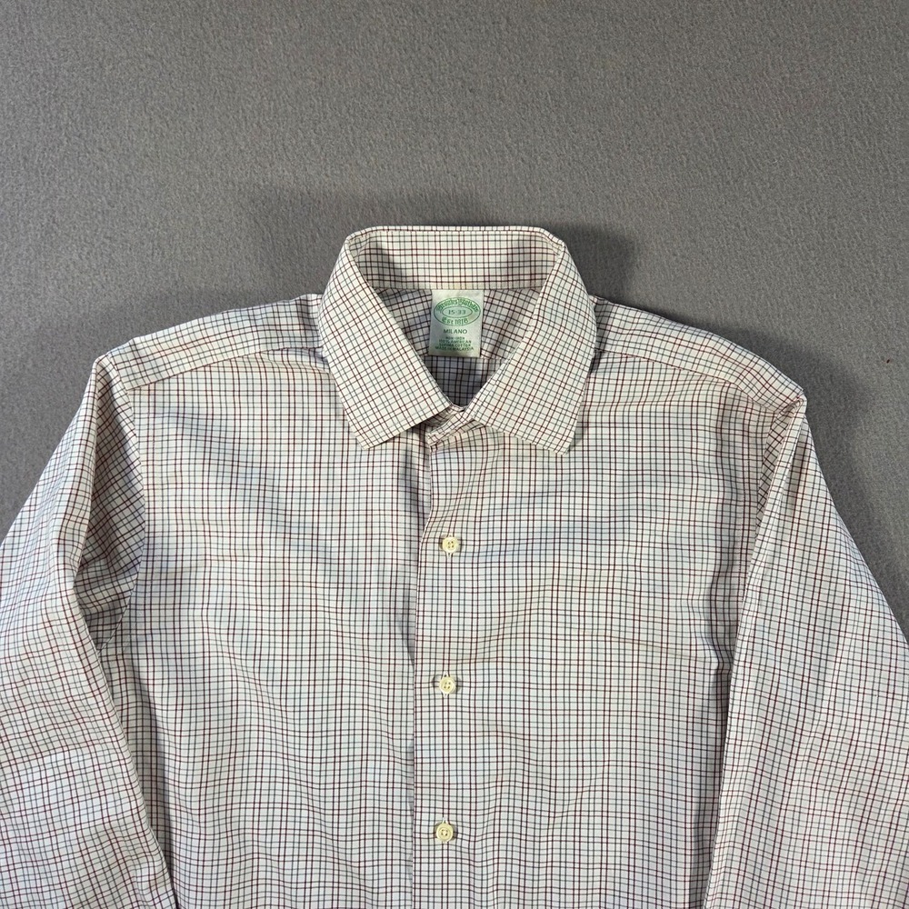 Brooks Brothers Shirt Mens 15 Small White Plaid Button Up Milano Supima Cotton
